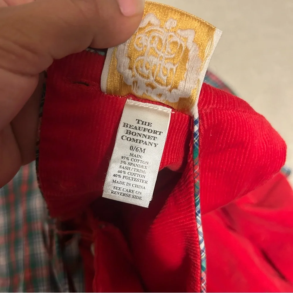 The BEAUFORT BONNET COMPANY RED CORDUROY ROMPER Prestonwood Plaid Set SIZE 0-6 M